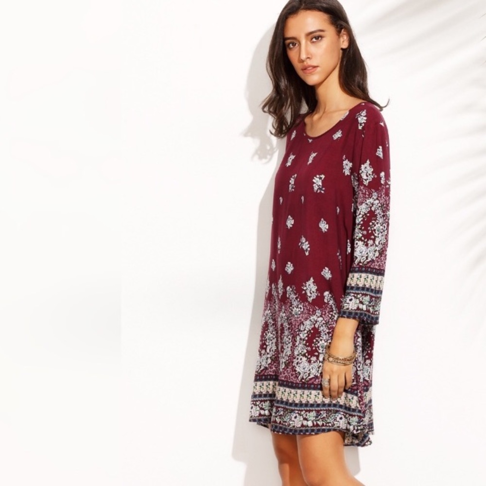 Boho Burgundy Floral 3/4 Sleeve Shift Dress - Picture 4 of 8